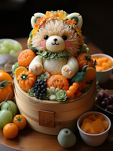 美味的食物雕塑小熊与蔬菜图片