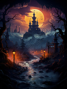神秘城堡夜晚月亮前一座神秘的卡通城堡插画