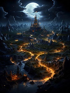 夜晚山间一座神秘的复古卡通城堡背景图片