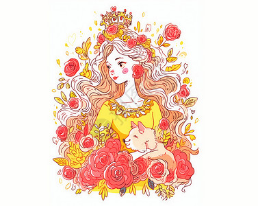 头戴皇冠穿黄色公主裙长发卡通小公主图片