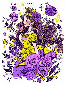 穿普拉达的女王头戴皇冠穿黄色公主裙漂亮的卡通公主插画