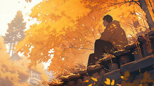 秋天坐在树下的少年高清图片