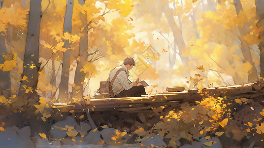 坐在船上男孩坐在树下绘画的少年插画插画