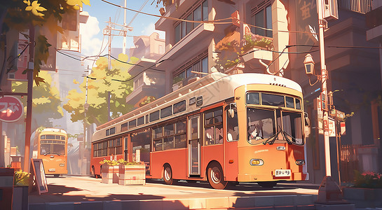 城市里的巴士插画背景图片