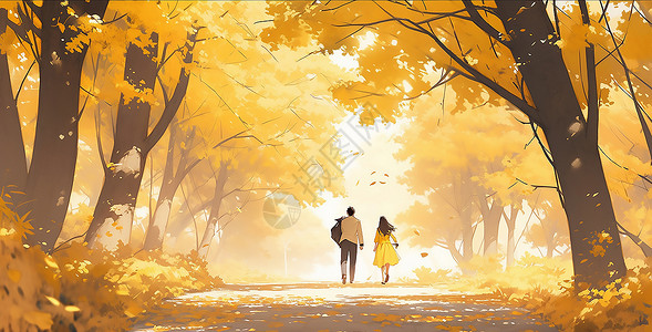 浪漫秋季场景图秋天一起散步的情侣插画