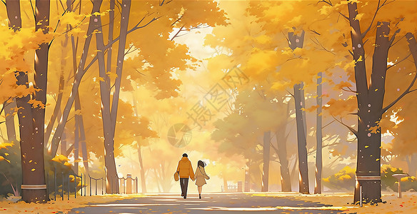 唯美秋天一起散步的情侣图片
