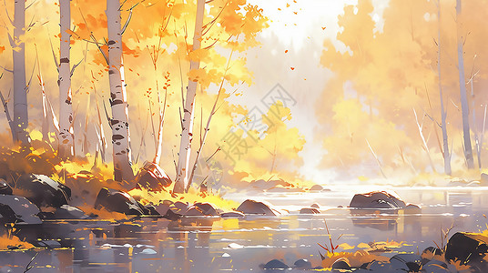 秋日溪边树林秋天的树林河流插画