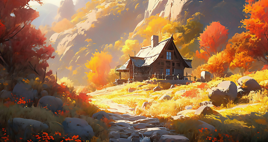 秋季峡谷中的房子图片