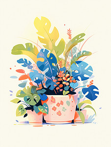 一盆扁平风可爱的卡通植物背景图片