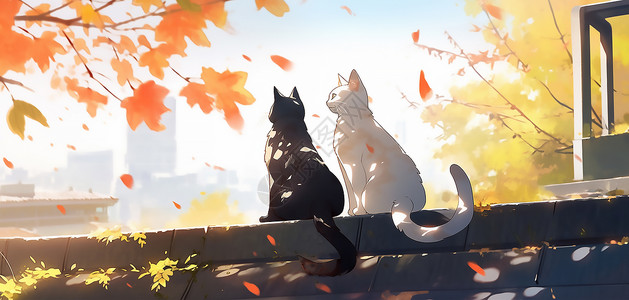 两只小猫秋日墙上的小猫插画