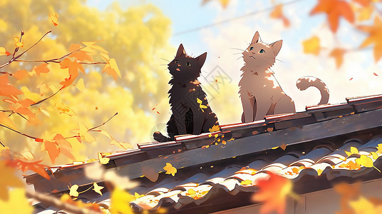 秋天屋顶上的小猫插画