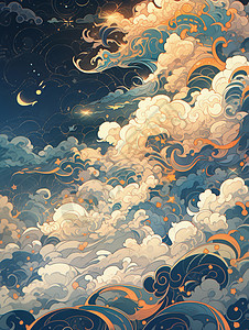卡通云和月亮天空抽象的卡通云朵背景插画