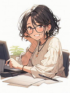 坐在电脑前戴眼镜开心笑的卡通女孩背景图片