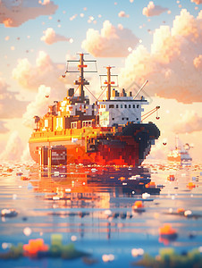 货船卡通行驶在大海上一艘像素风卡通轮船插画