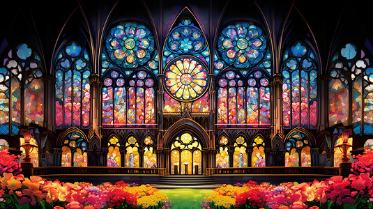 玻璃教堂好看五彩斑斓的玻璃插画