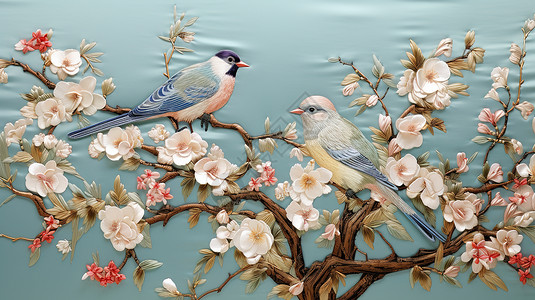 缎面织物上的两只鸟背景图片