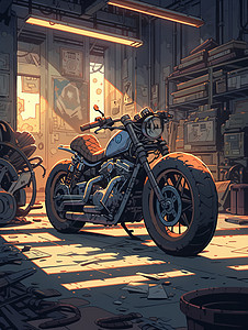 复古卡通摩托车放在木屋内背景图片