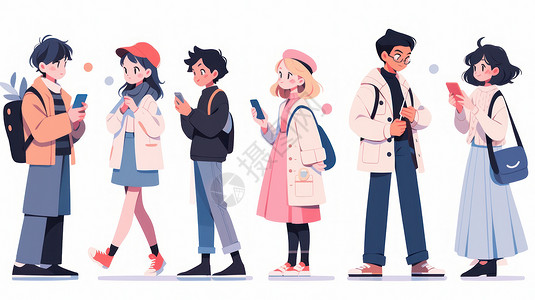 一群人看手机看手机走路的卡通青年们插画