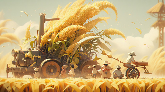 农民干农活巨型卡通拖拉机在田地里丰收插画