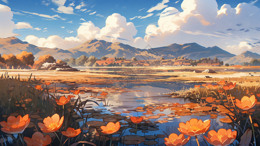 秋天山脚下美丽的卡通小山村背景图片