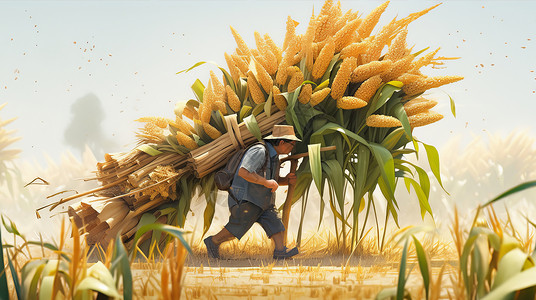 一捆挂面扛着很大一捆农作物的卡通农民插画