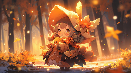 秋天走在森林中戴帽子的可爱卡通女孩背景图片
