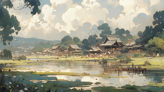 初秋湖泊旁美丽的卡通古风村庄图片