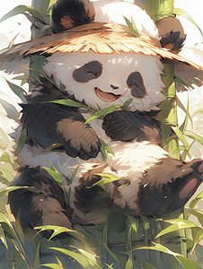 在竹子中开心笑的卡通大熊猫图片