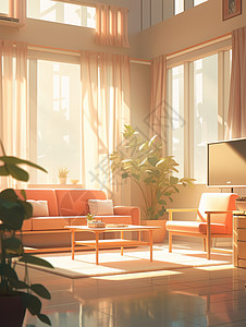 电视简约简约干净的卡通客厅照进阳光插画