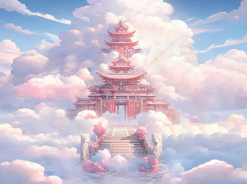 粉色云朵中梦幻的卡通宫殿图片