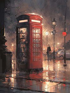 夜晚街道旁一座复古的卡通电话亭背景图片