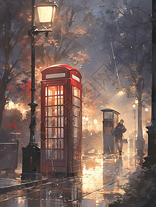 雨中路灯下一座复古的卡通电话亭背景图片
