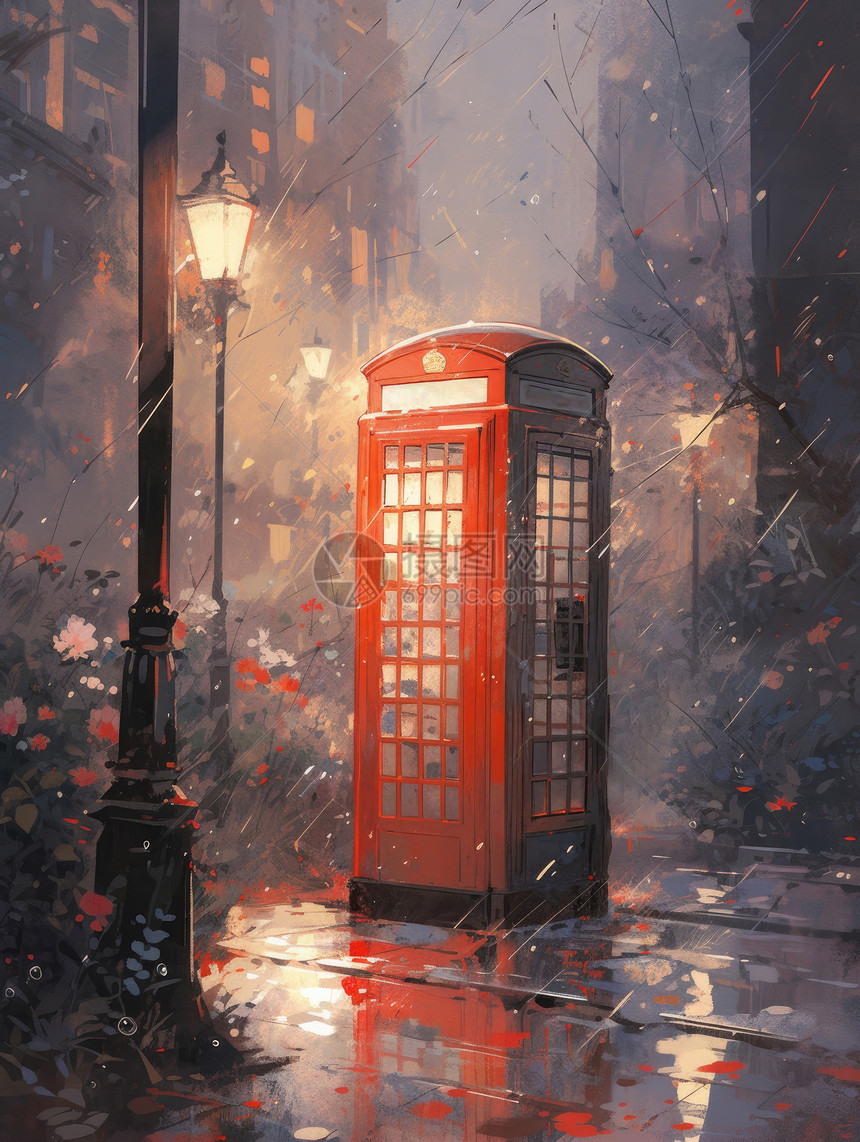 夜晚雨中一座红色复古卡通电话亭图片