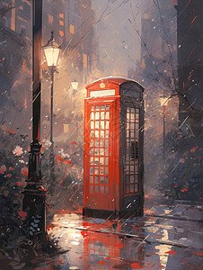 复古电话亭夜晚雨中一座红色复古卡通电话亭插画