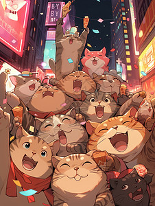 中秋国庆出游季夜晚在商业街自拍的卡通猫们插画