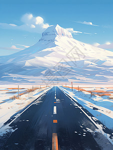冬天公路风景通向雪山的卡通公路插画