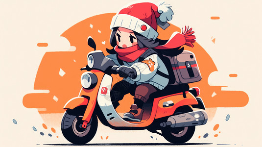 红色摩托车戴红色帽子骑摩托车的卡通女孩插画