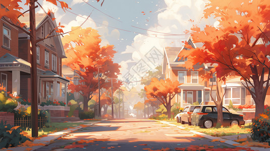 秋天小清新唯美的卡通街道背景图片