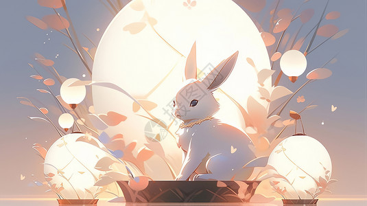 在圆形灯前可爱的卡通小白兔背景图片