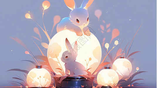 可爱的卡通小白兔趴在圆圆的灯上背景图片
