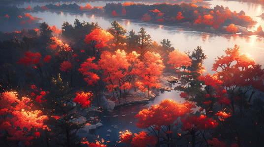 卡通枫树秋天傍晚湖边美丽的卡通风景插画