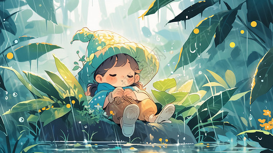 雨中坐在水边可爱的卡通小女孩图片