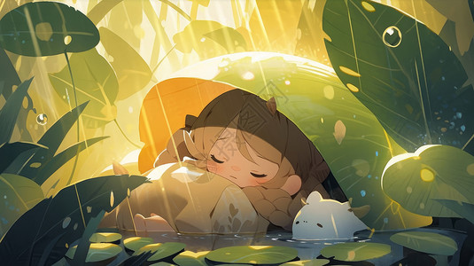 趴在雨中睡觉的可爱卡通小女孩背景图片