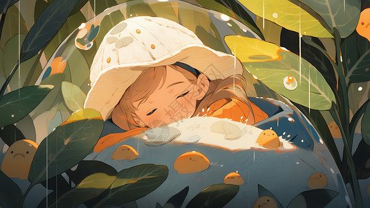 大球秋天在雨中睡觉的可爱卡通小女孩插画