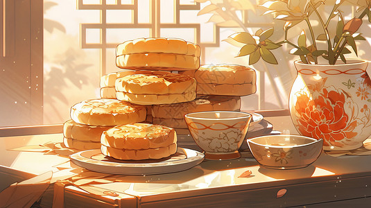 中秋节蛋黄味的美味月饼放在桌子上美味的卡通月饼插画