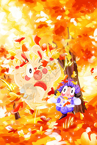 二十四节气秋分兔子女孩红叶枫叶海报背景运营插画图片