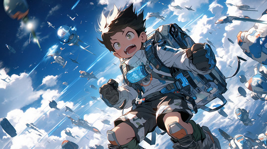 科幻背着包在空中战斗的卡通男孩高清图片