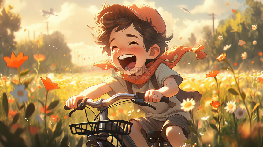 戴红色帽子在野外开心骑自行车的卡通小男孩图片