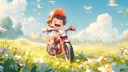 骑红色自行车开心笑的卡通小男孩图片
