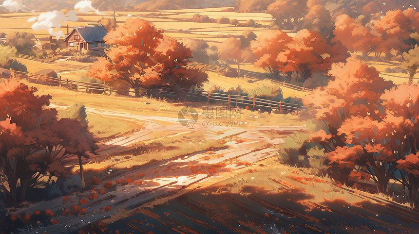 秋天美丽的卡通小乡村风景图片